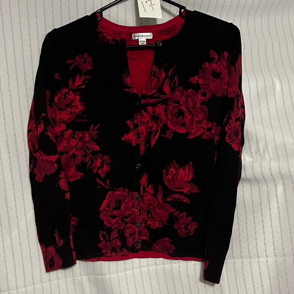 Croft And Borrow Button Up Black with Red Roses Cardigan PS